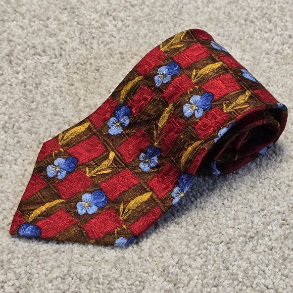 Ermenegildo Zegna Silk Tie Red Brown Plaid Floral Blue Italy Luxury Necktie - Picture 8 of 9